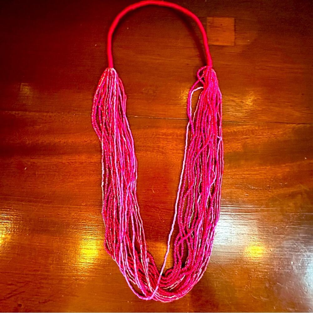 Bright Pink Multi Strand Seed Beaded Necklace Statement Hop Pink Fuchsia Beads